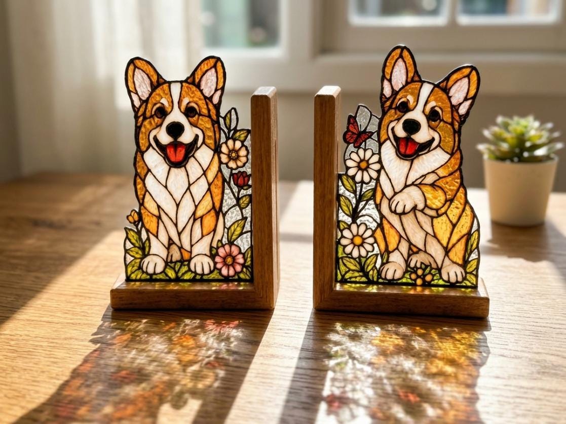 Detail view of the corgi stained glass artwork