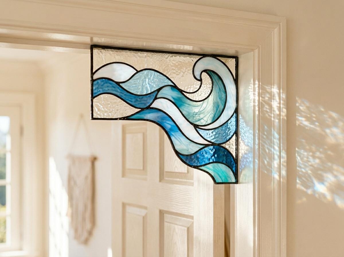 Angled view of the ocean wave glass artwork
