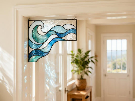 Ocean Wave Stained Glass Window Corner Suncatcher Set displayed in natural light