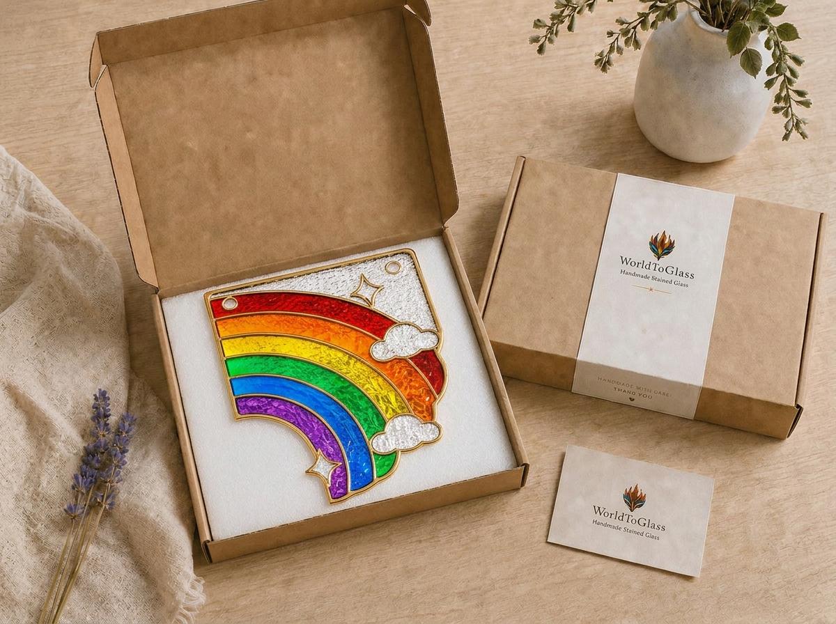 Rainbow window corner suncatcher arranged for indoor display