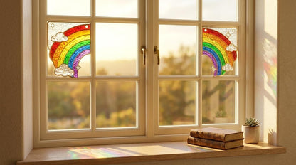 Angled view of the rainbow glass artwork