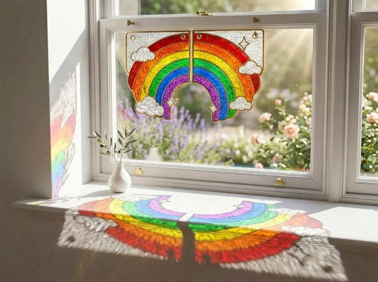 Colorful Rainbow Stained Glass Window Corner Suncatcher Set displayed in natural light