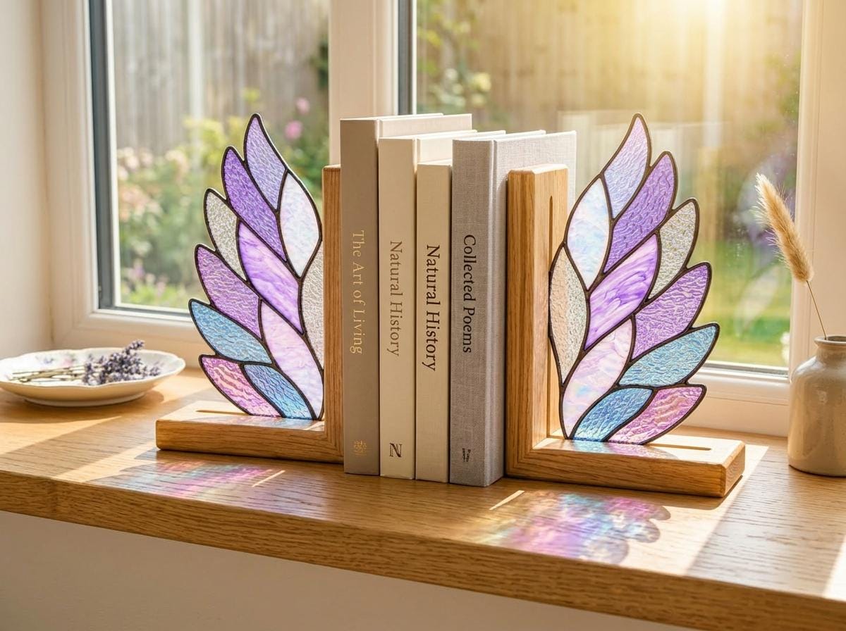 Front view of the angel wing stained glass bookend set