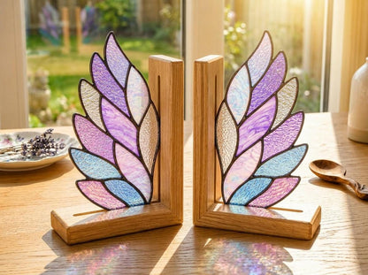 Detail view of the angel wing stained glass artwork