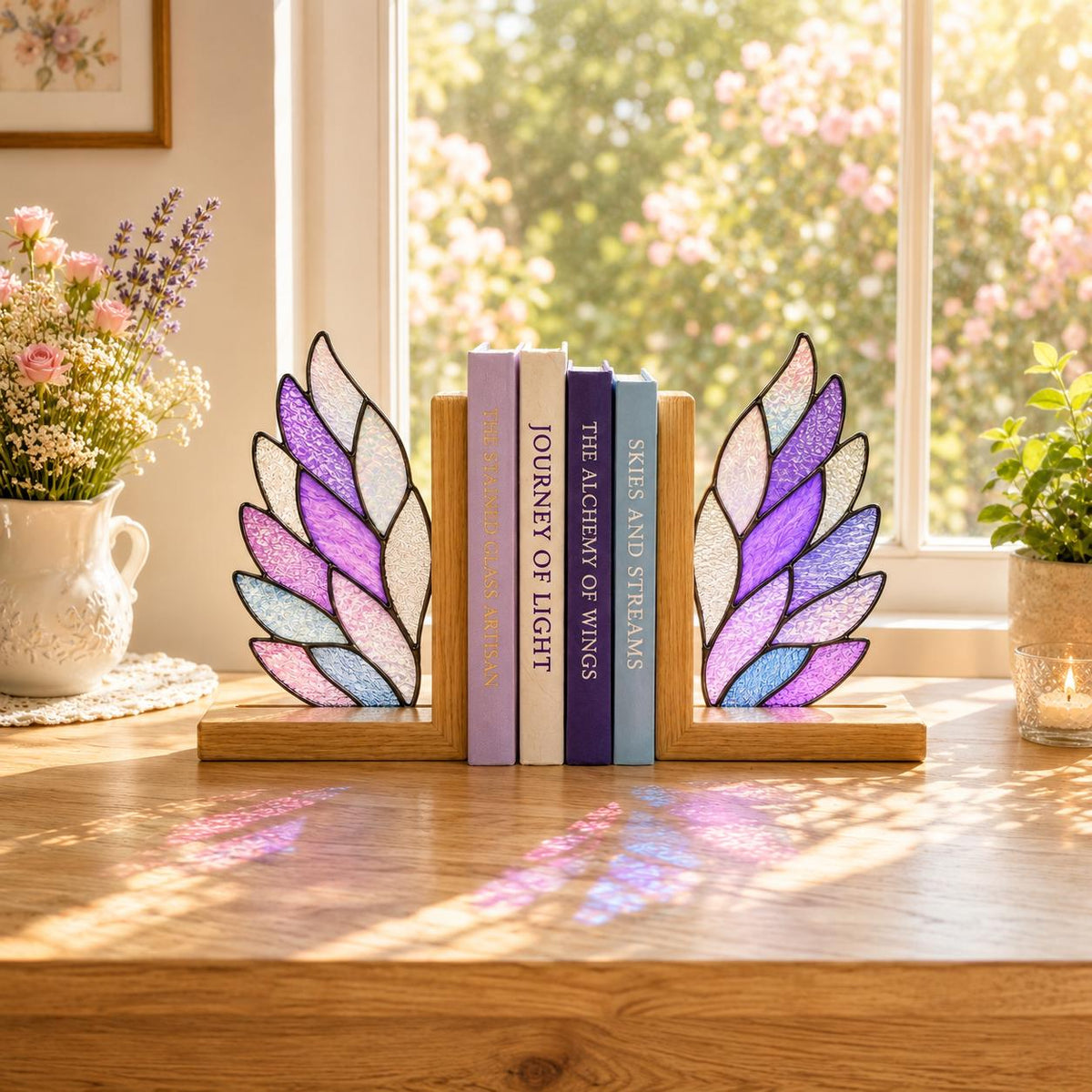 Angel Wing Stained Glass Bookends with Wood Bases displayed in natural light