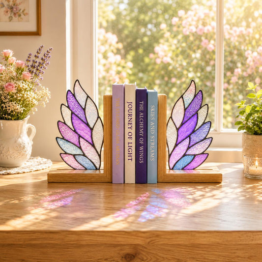 Angel Wing Stained Glass Bookends with Wood Bases displayed in natural light