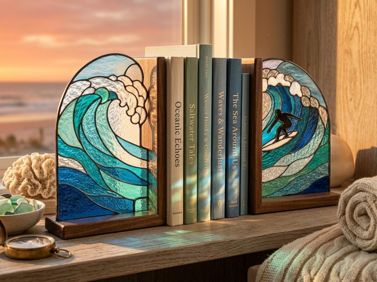 Ocean Surf stained glass bookend set in a styled home interior