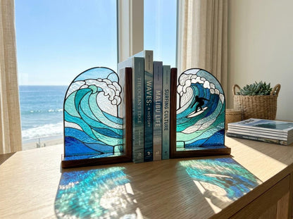 Front view of the ocean surf stained glass bookend set