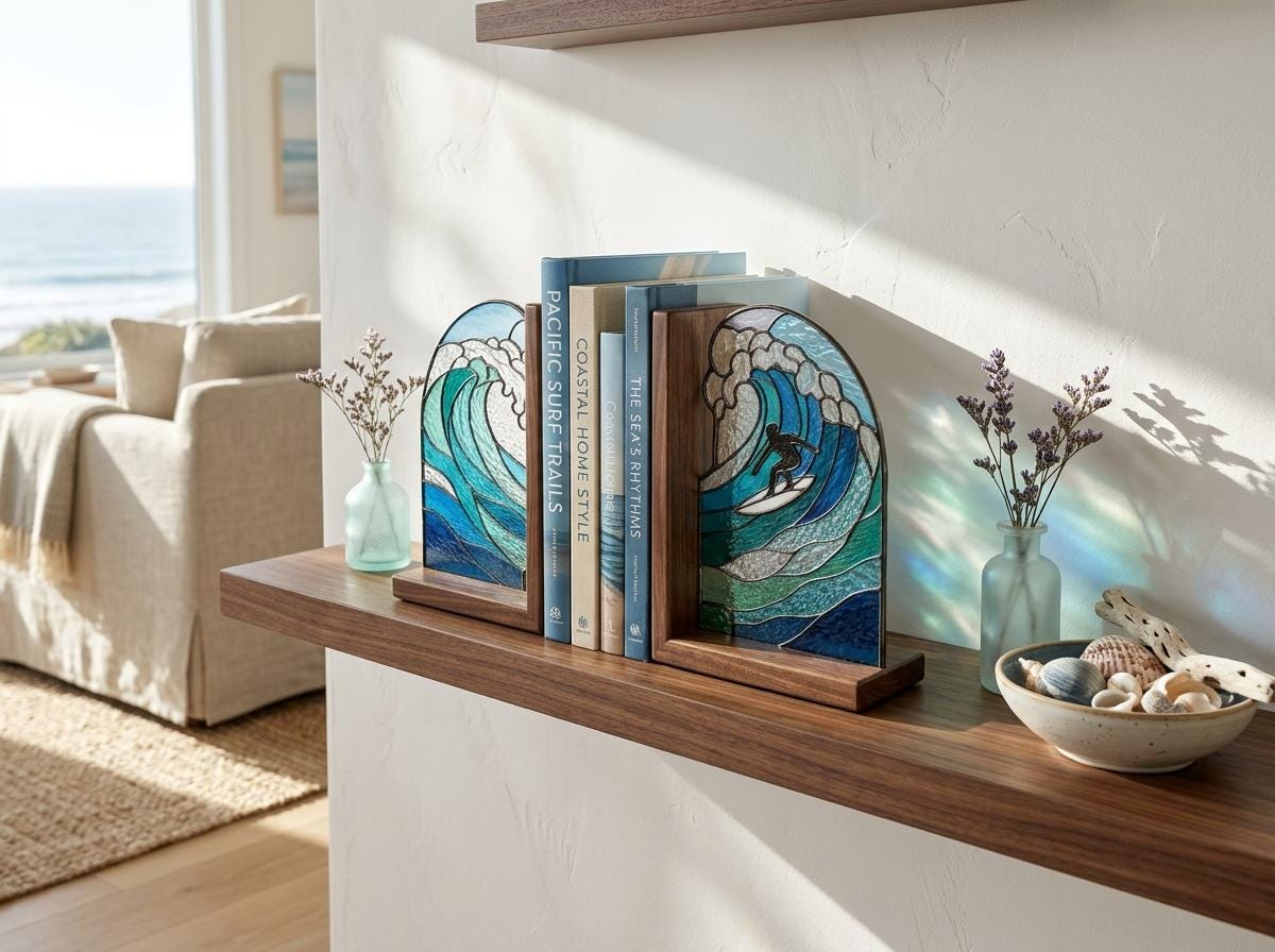 Ocean Surf Stained Glass Bookends with Wood Bases displayed in natural light