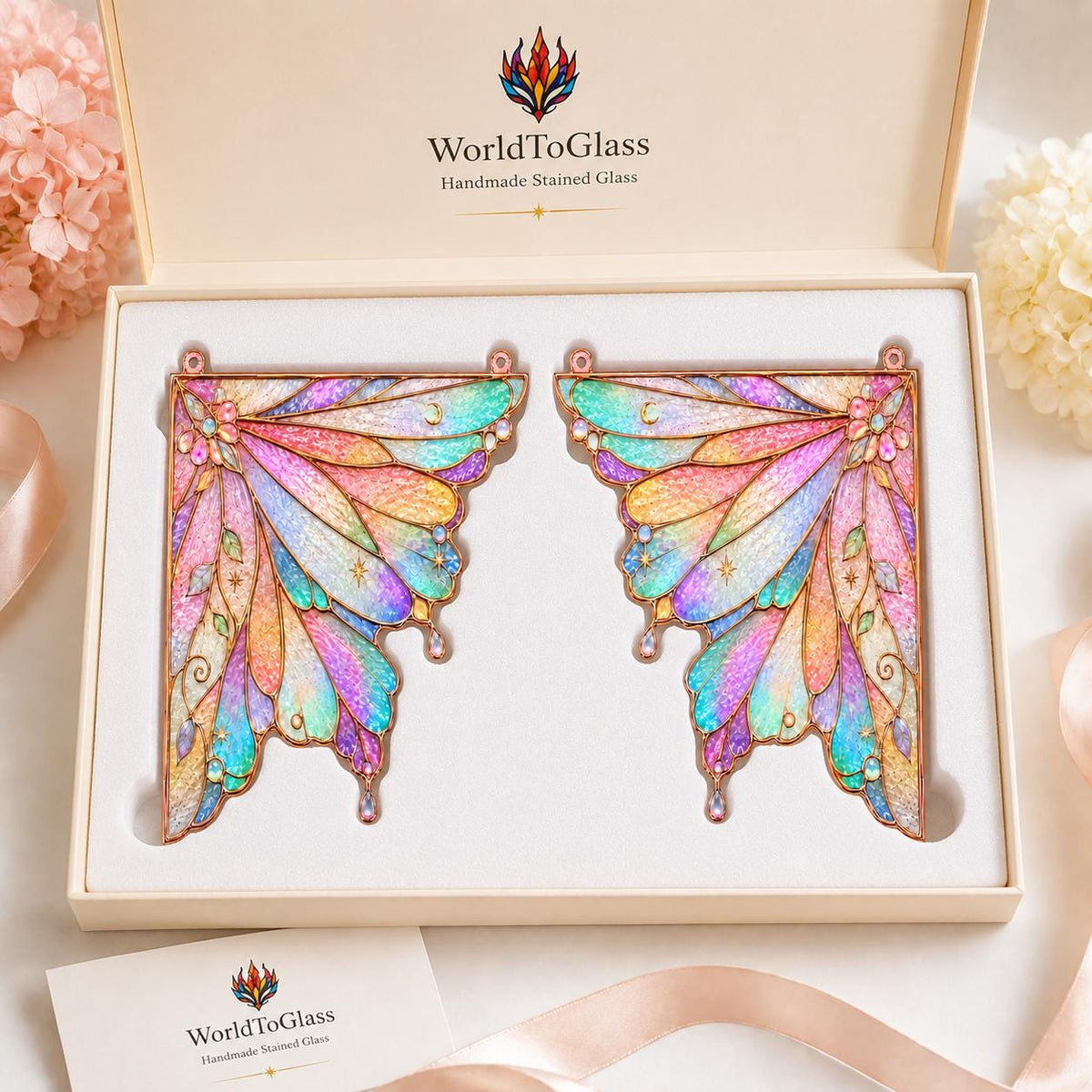 Detail view of the pastel rainbow stained glass artwork
