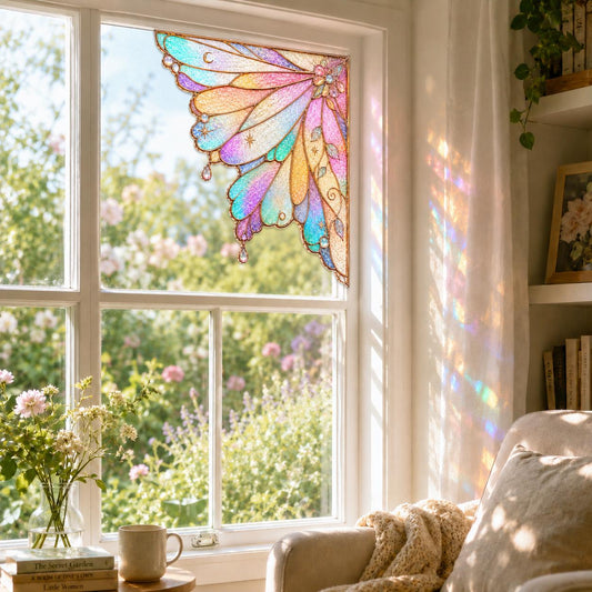 Pastel Rainbow Stained Glass Window Corner Suncatcher Set displayed in natural light
