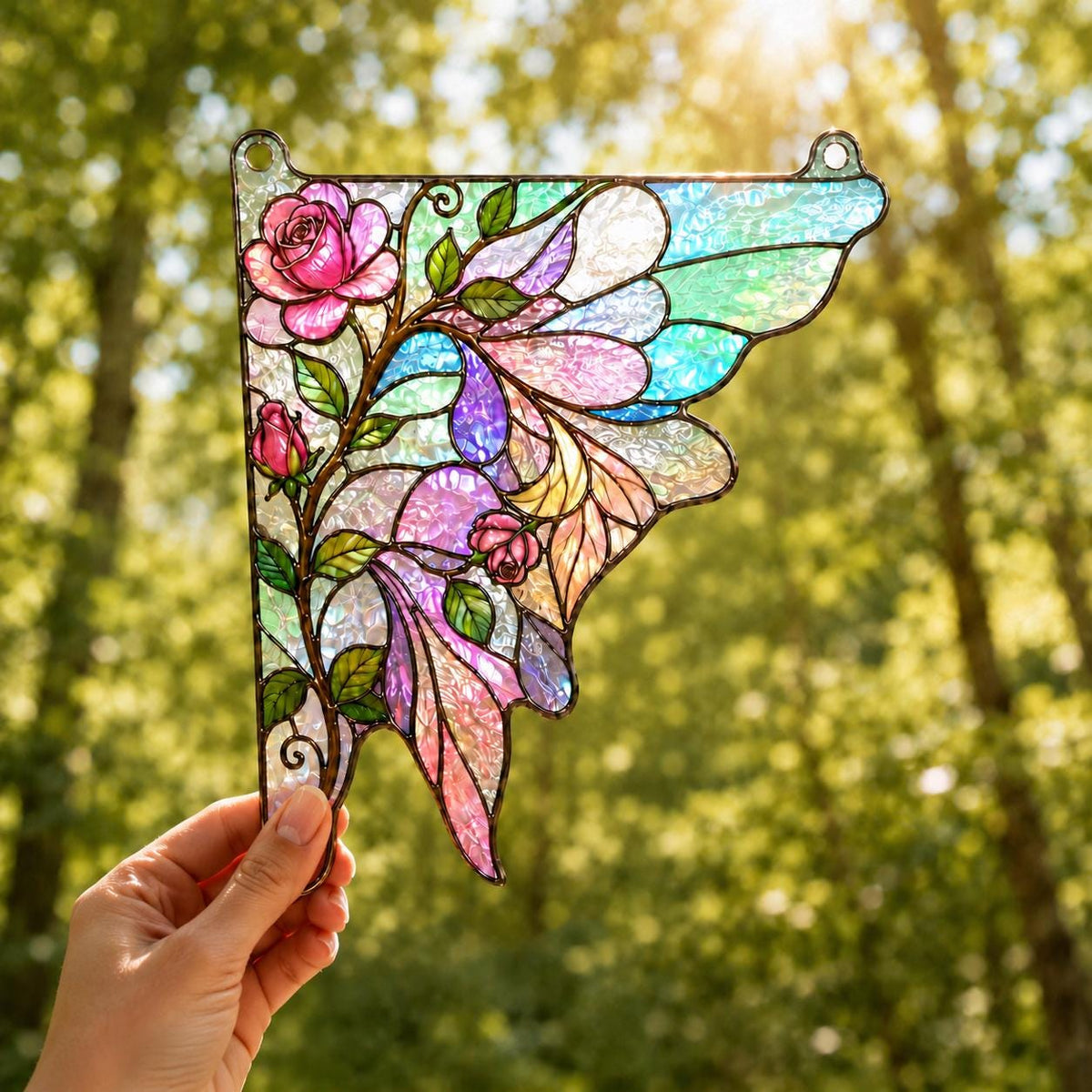 Close view showing color and texture in the rose butterfly design