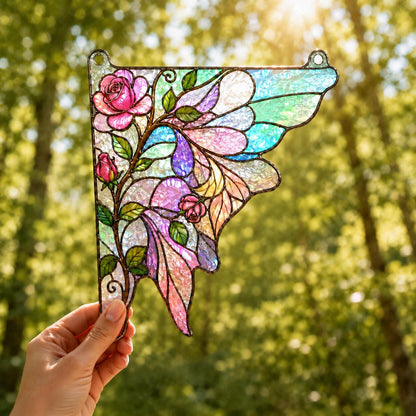 Close view showing color and texture in the rose butterfly design