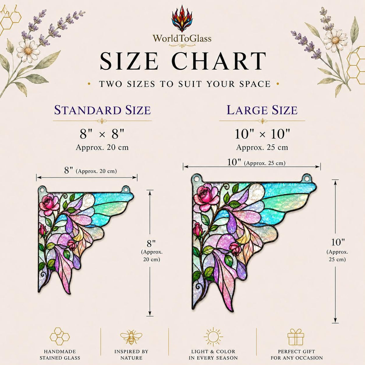 Detail view of the rose butterfly stained glass artwork