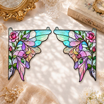 Rose Butterfly glass window corner suncatcher near a bright window