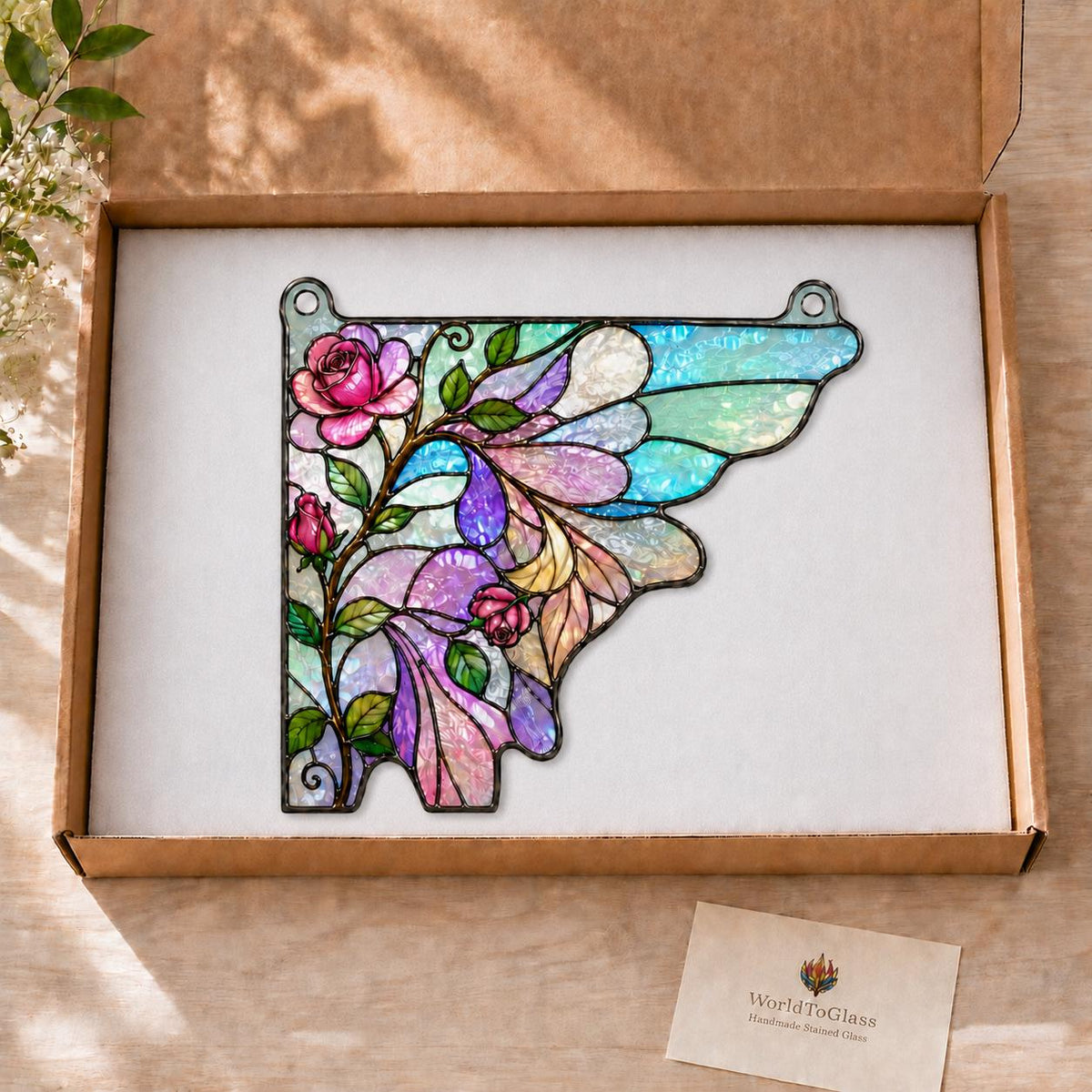 Rose Butterfly window corner suncatcher arranged for indoor display