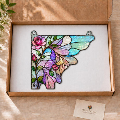 Rose Butterfly window corner suncatcher arranged for indoor display