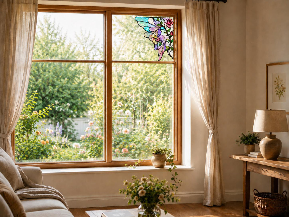 Angled view of the rose butterfly glass artwork
