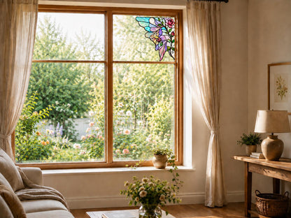 Angled view of the rose butterfly glass artwork