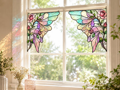 Front view of the rose butterfly stained glass window corner suncatcher