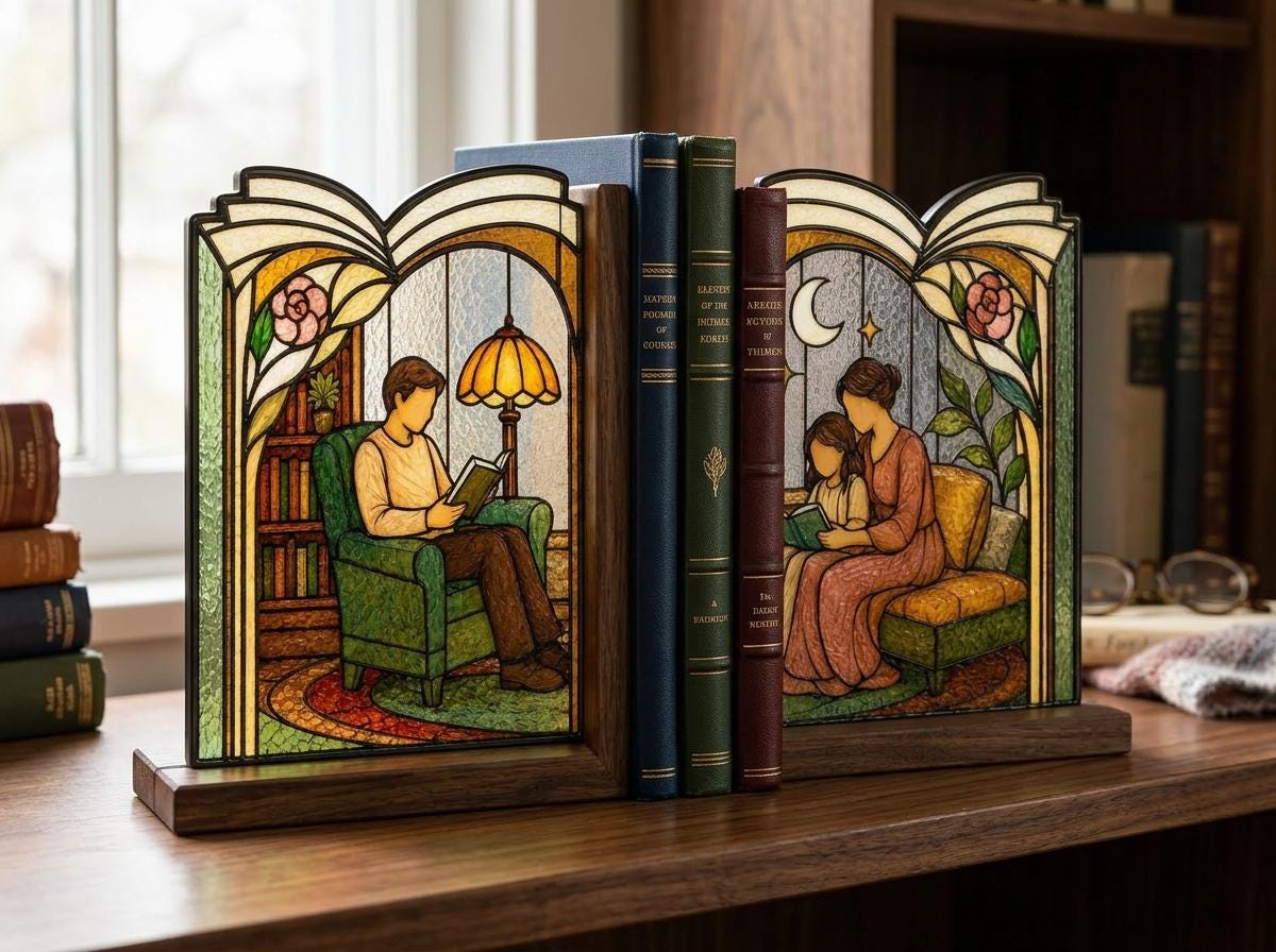 Cozy Family Reading stained glass bookend set in a styled home interior