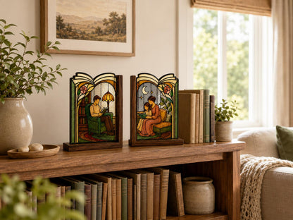 Cozy Family Reading Stained Glass Bookends with Wood Bases displayed in natural light