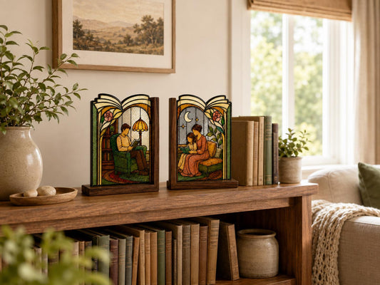 Cozy Family Reading Stained Glass Bookends with Wood Bases displayed in natural light