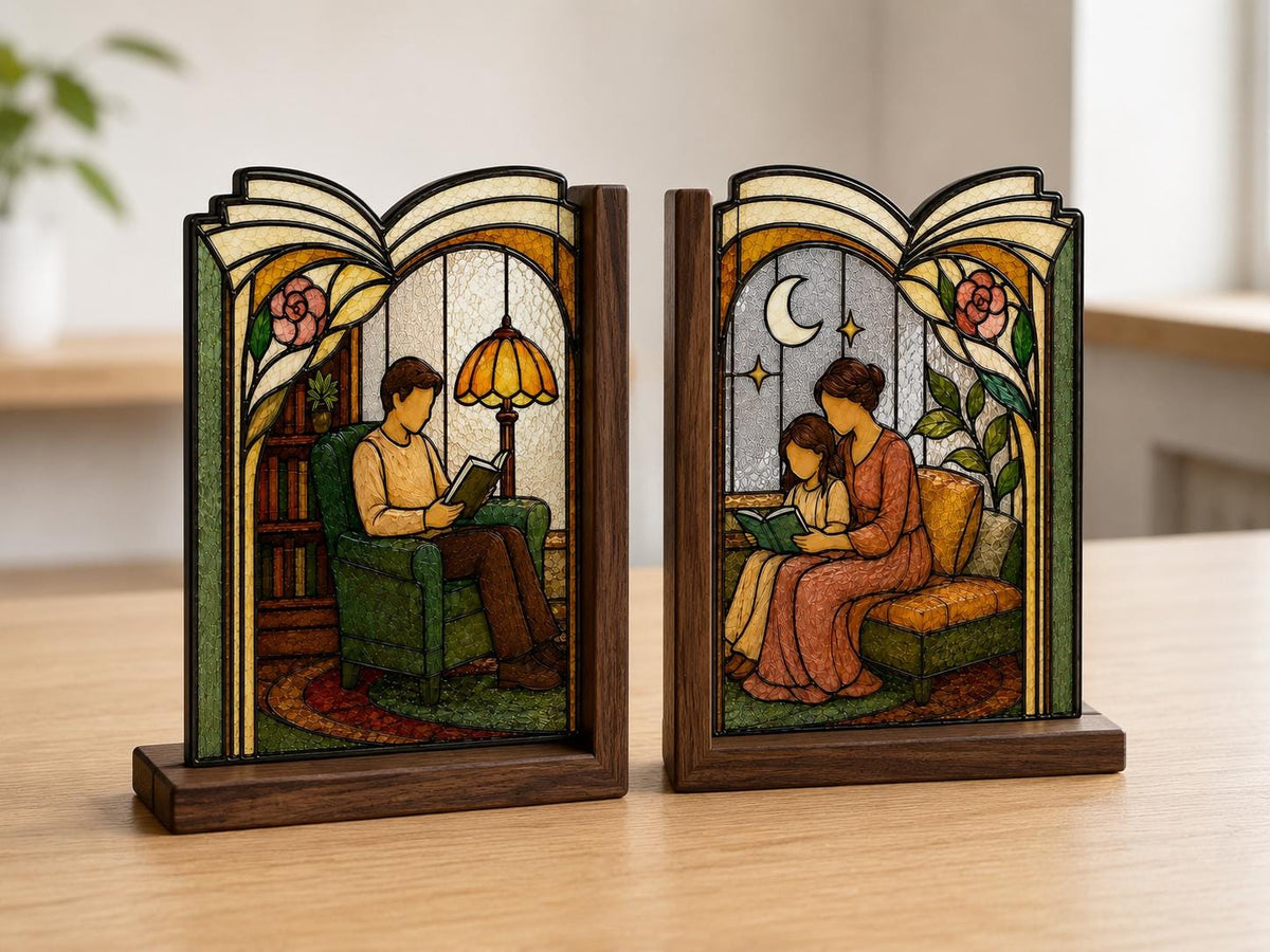 Cozy Family Reading glass bookend set near a bright window