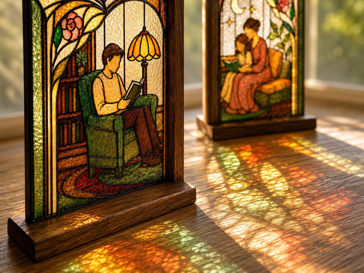 Angled view of the cozy family reading glass artwork