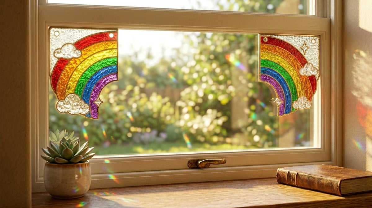 Rainbow glass window corner suncatcher near a bright window