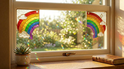 Rainbow glass window corner suncatcher near a bright window