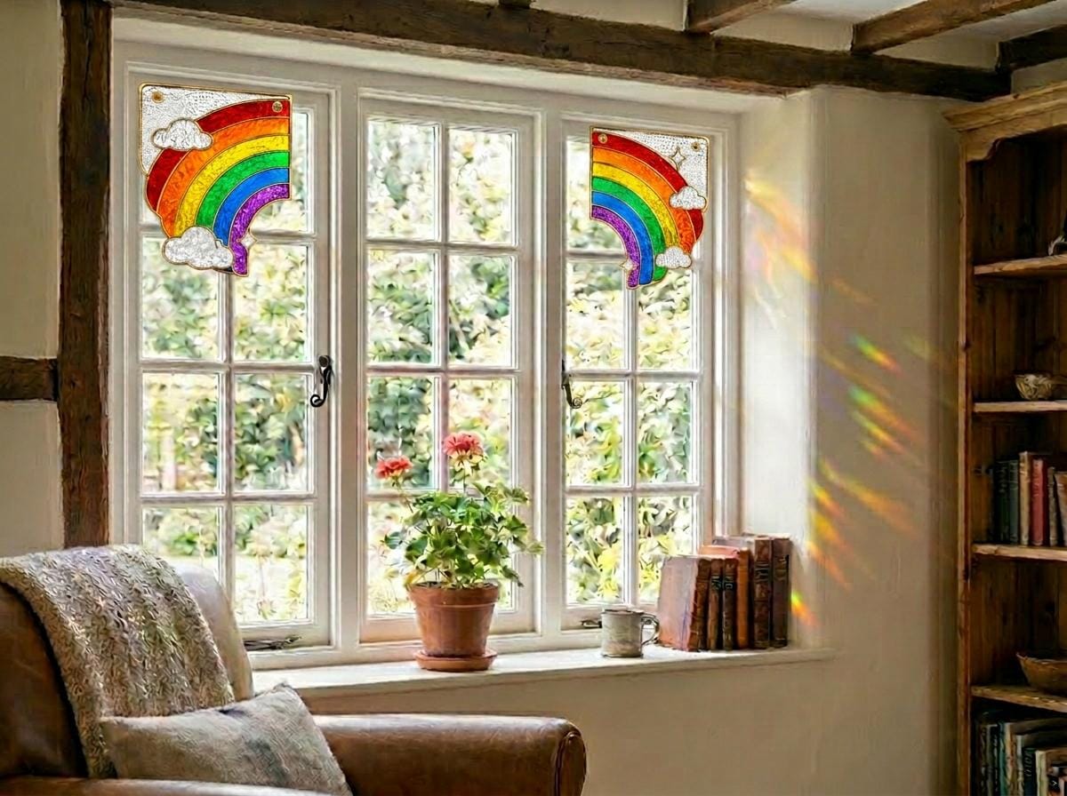 Rainbow stained glass window corner suncatcher in a styled home interior