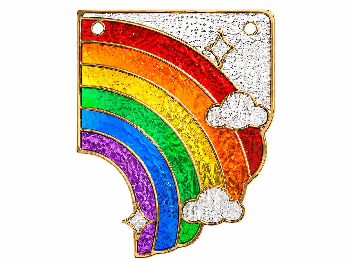 Colorful Rainbow Stained Glass Window Corner Suncatcher Set displayed in natural light