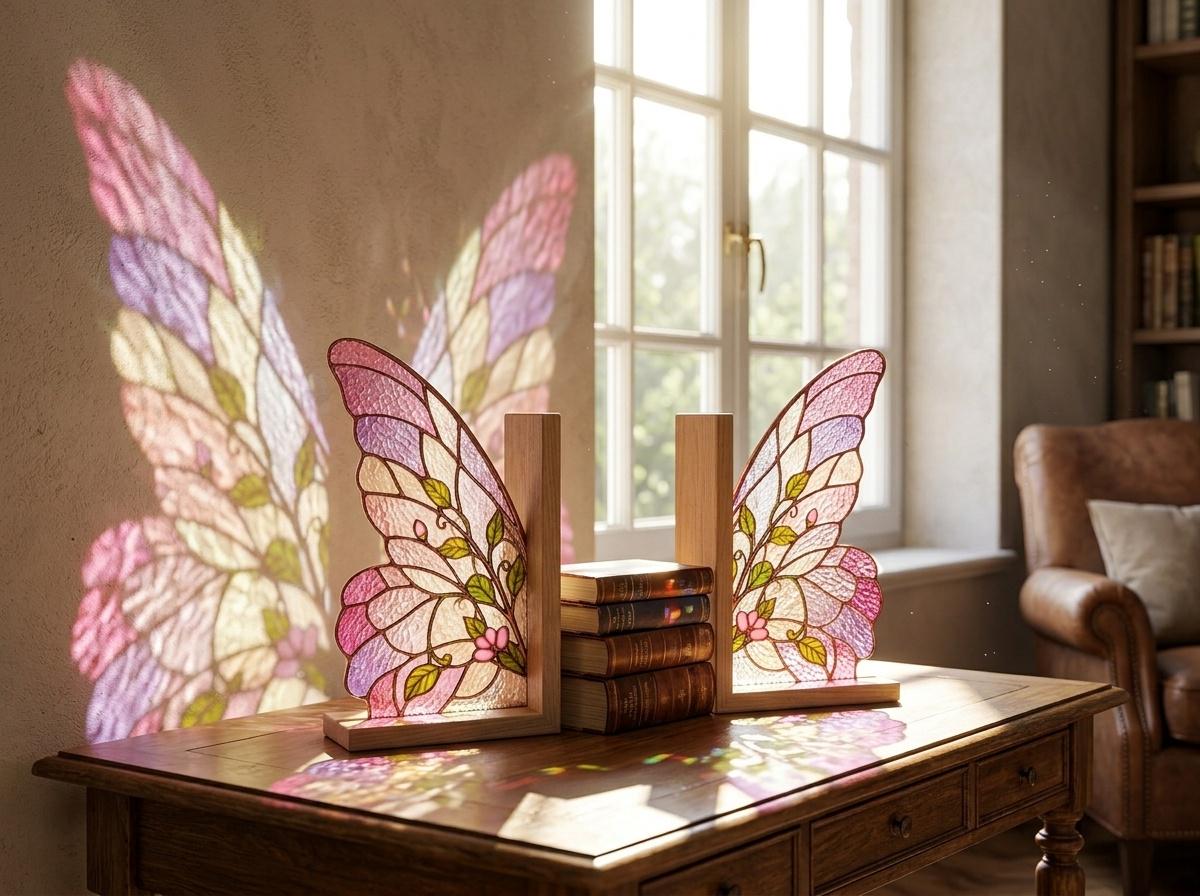Pink Butterfly Wing stained glass bookend set in a styled home interior