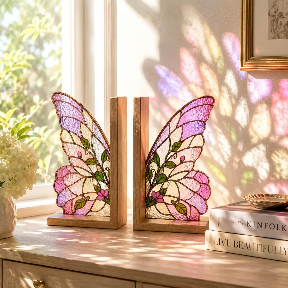 Front view of the pink butterfly wing stained glass bookend set