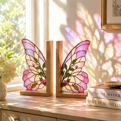 Front view of the pink butterfly wing stained glass bookend set