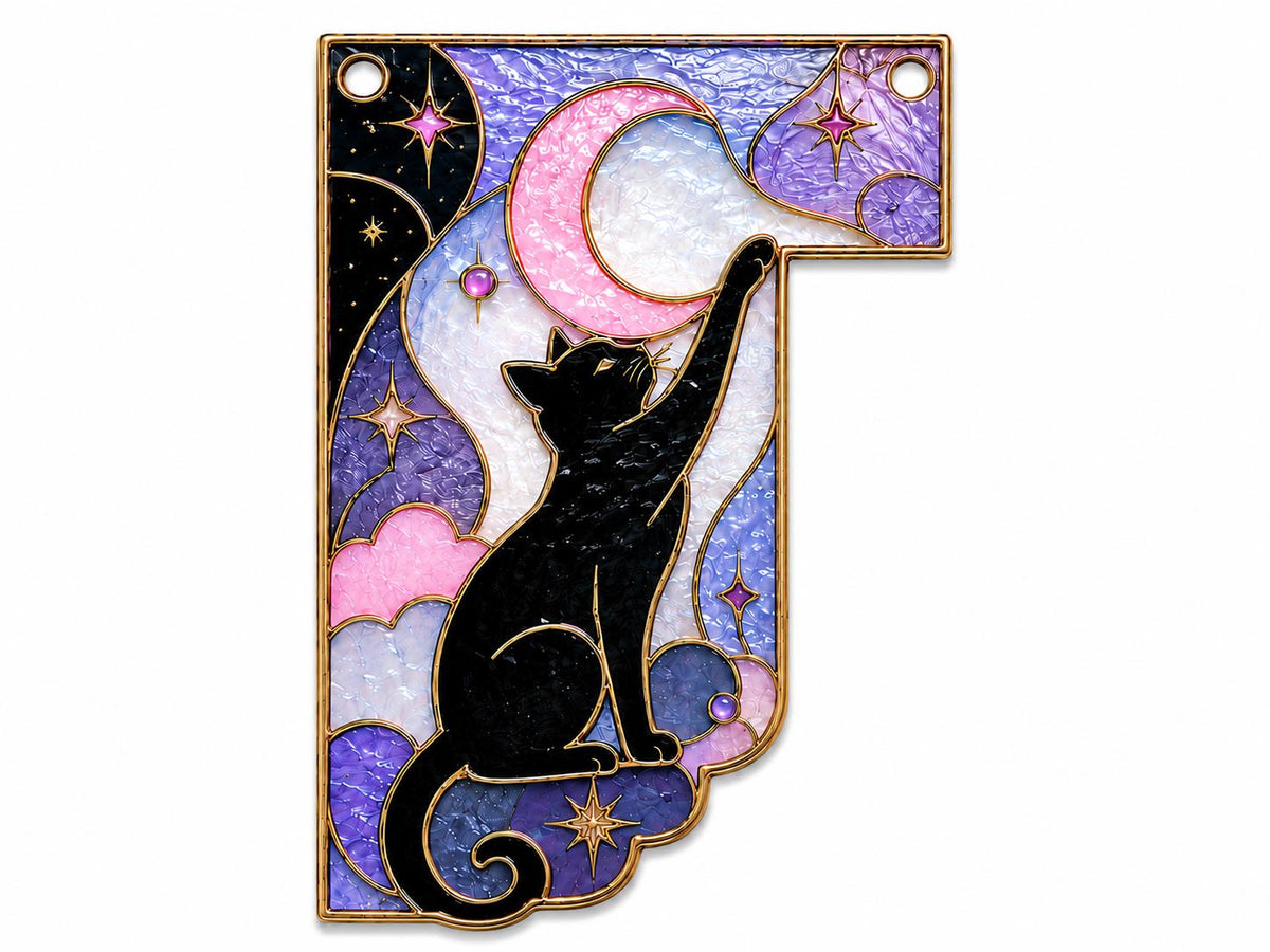 Scale or packaging view for the black cat moon window corner suncatcher