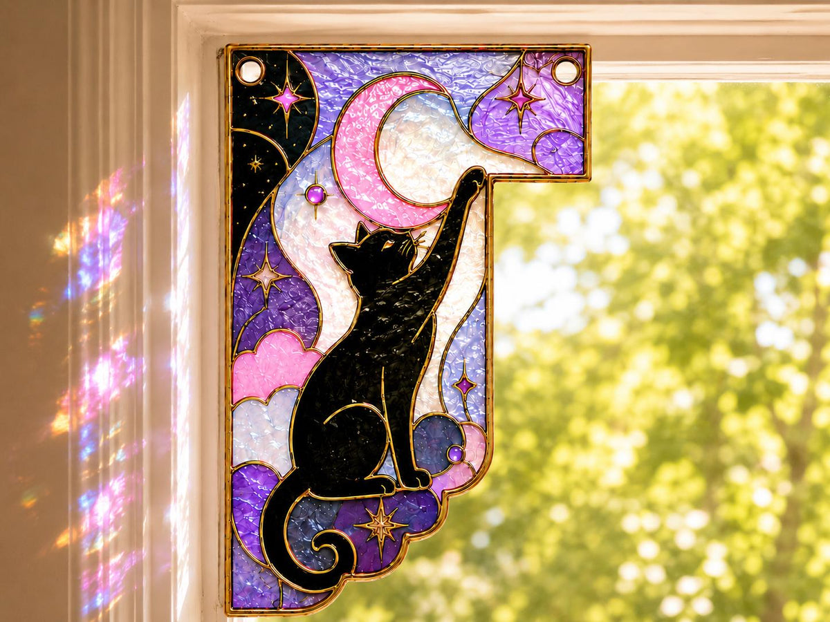 Black Cat Moon stained glass window corner suncatcher in a styled home interior