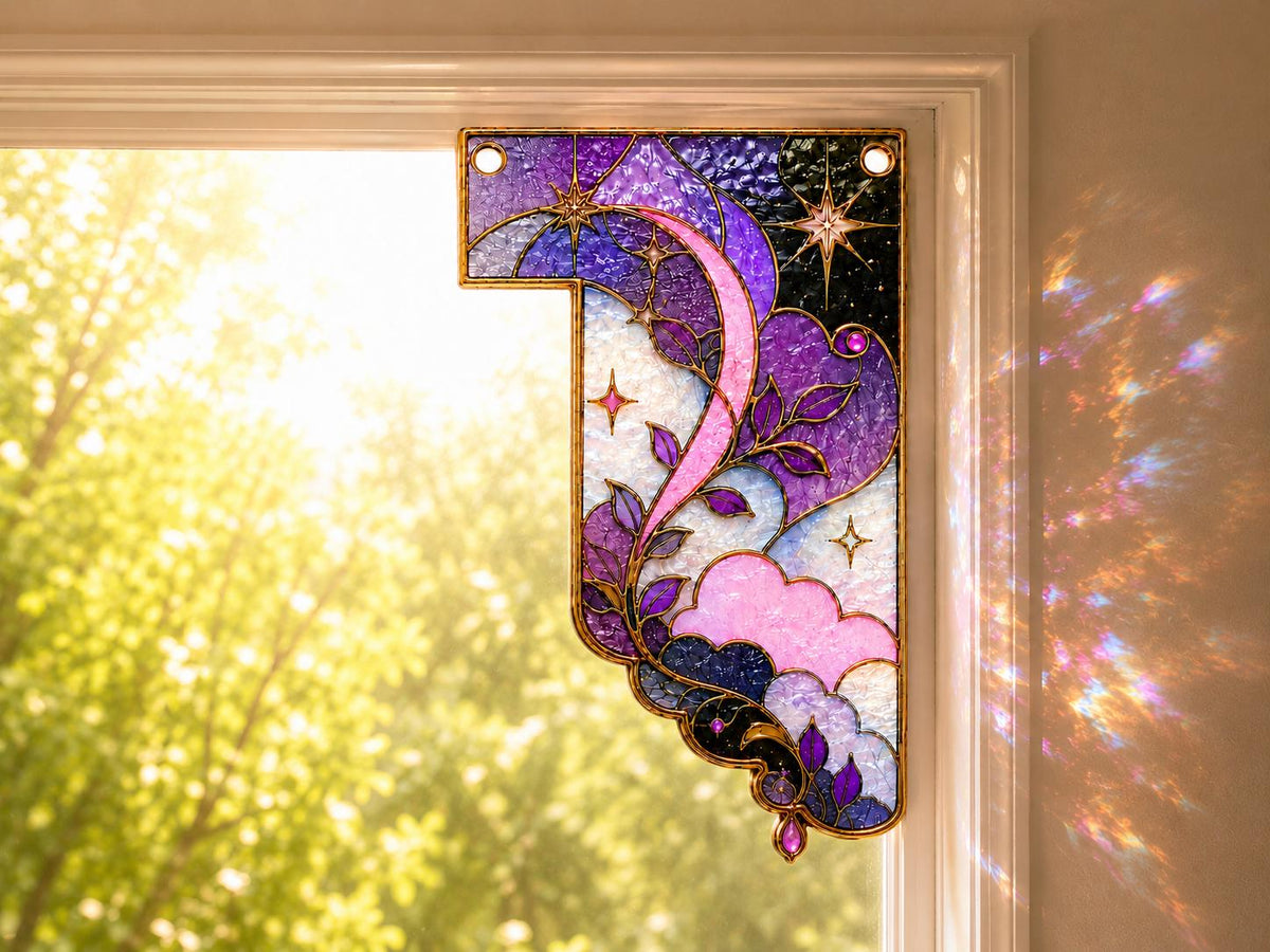 Front view of the black cat moon stained glass window corner suncatcher