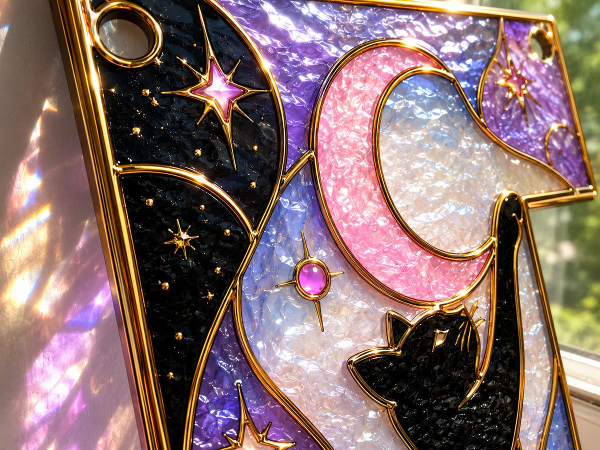 Angled view of the black cat moon glass artwork