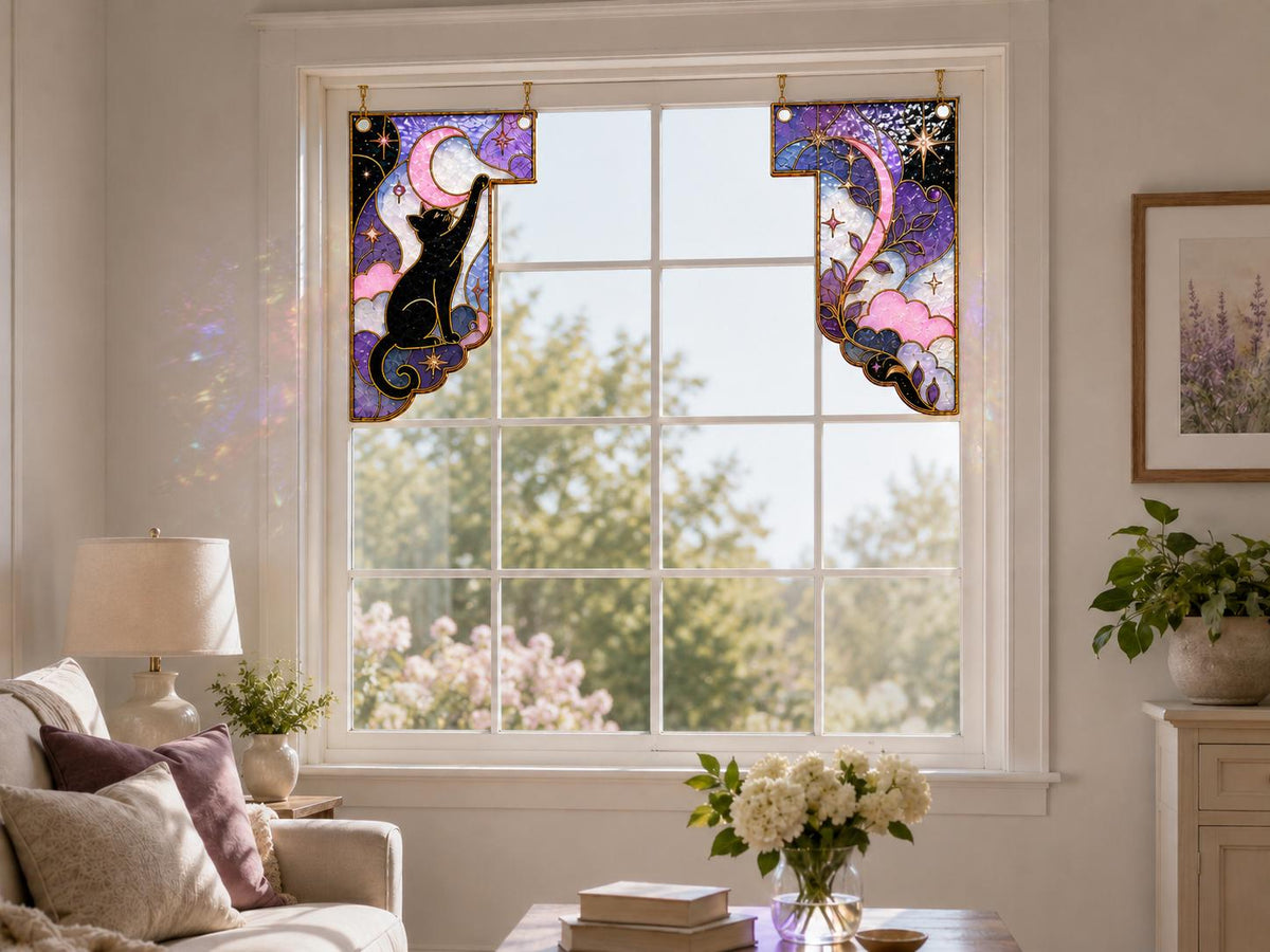Black Cat Moon glass window corner suncatcher near a bright window