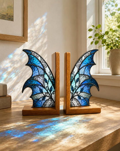 Blue Butterfly glass bookend set near a bright window