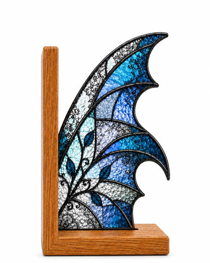 Blue Butterfly Stained Glass Bookends with Wood Bases displayed in natural light