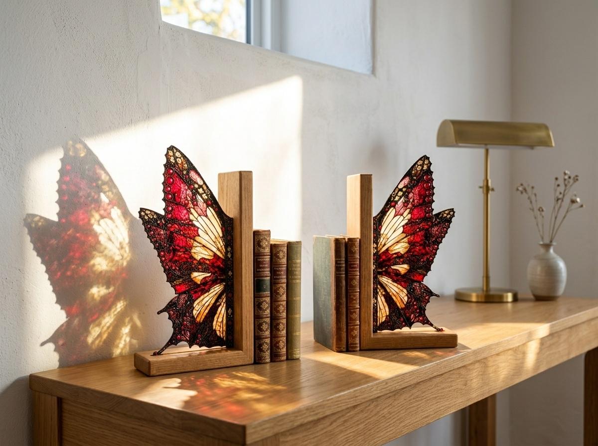 Gothic Butterfly glass bookend set near a bright window