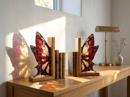 Gothic Butterfly glass bookend set near a bright window