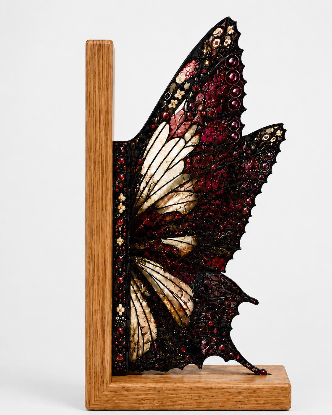 Gothic Butterfly Stained Glass Bookends with Wood Bases displayed in natural light