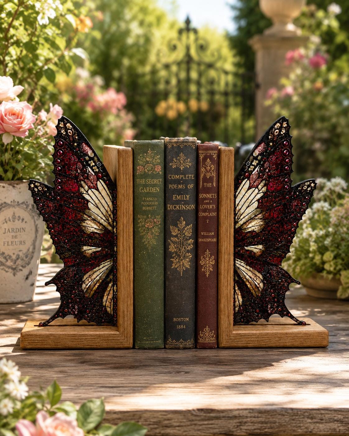 Gothic Butterfly stained glass bookend set in a styled home interior