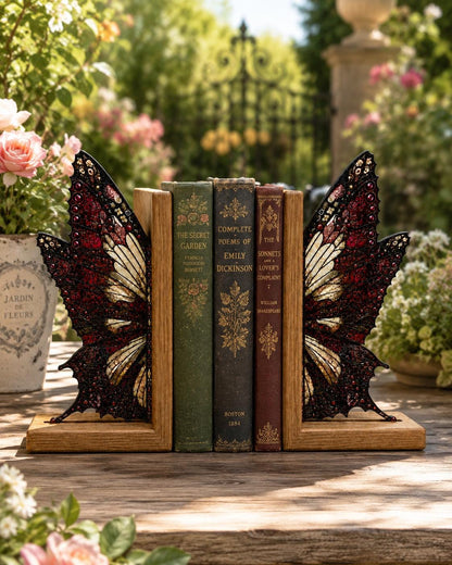Gothic Butterfly stained glass bookend set in a styled home interior