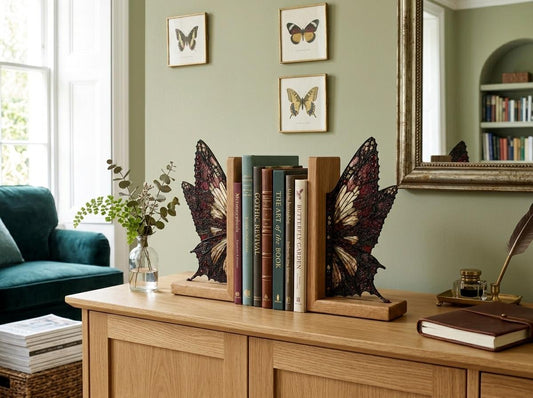 Gothic Butterfly Stained Glass Bookends with Wood Bases displayed in natural light