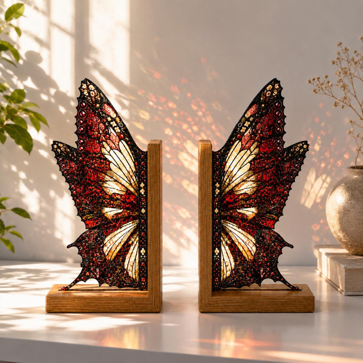 Detail view of the gothic butterfly stained glass artwork
